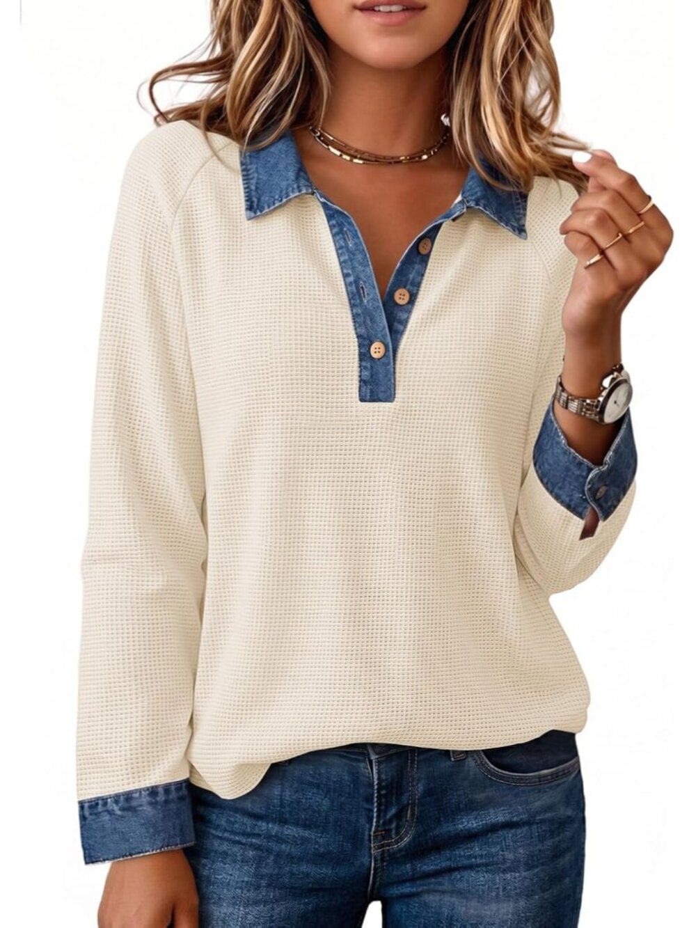 Women Waffle Denim Sweatshirts Fall Casual Knit Polo Sweatshirt